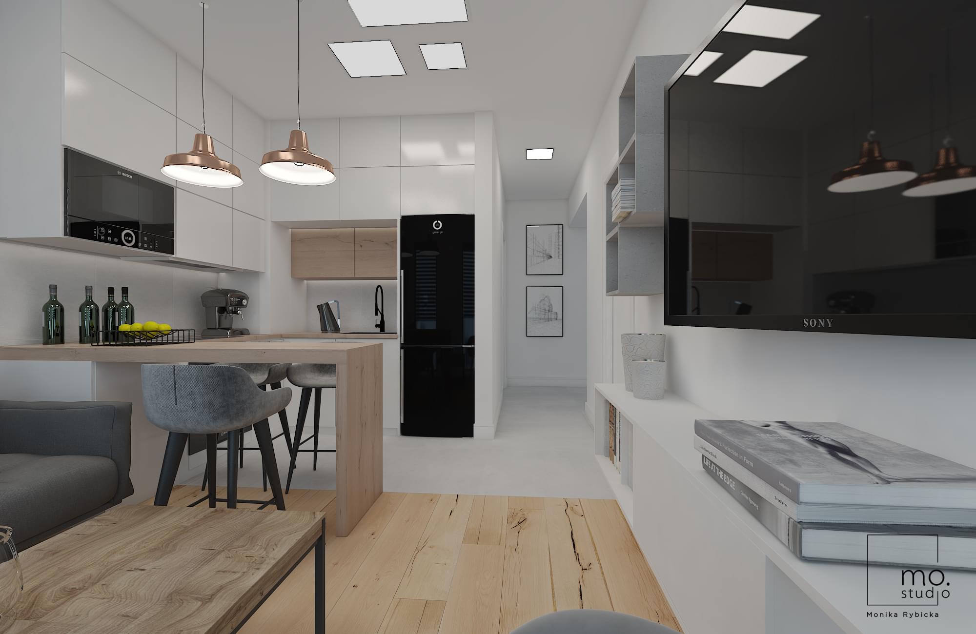 Projekt graficzny mieszkania w wersji 3D - salon z kuchnią