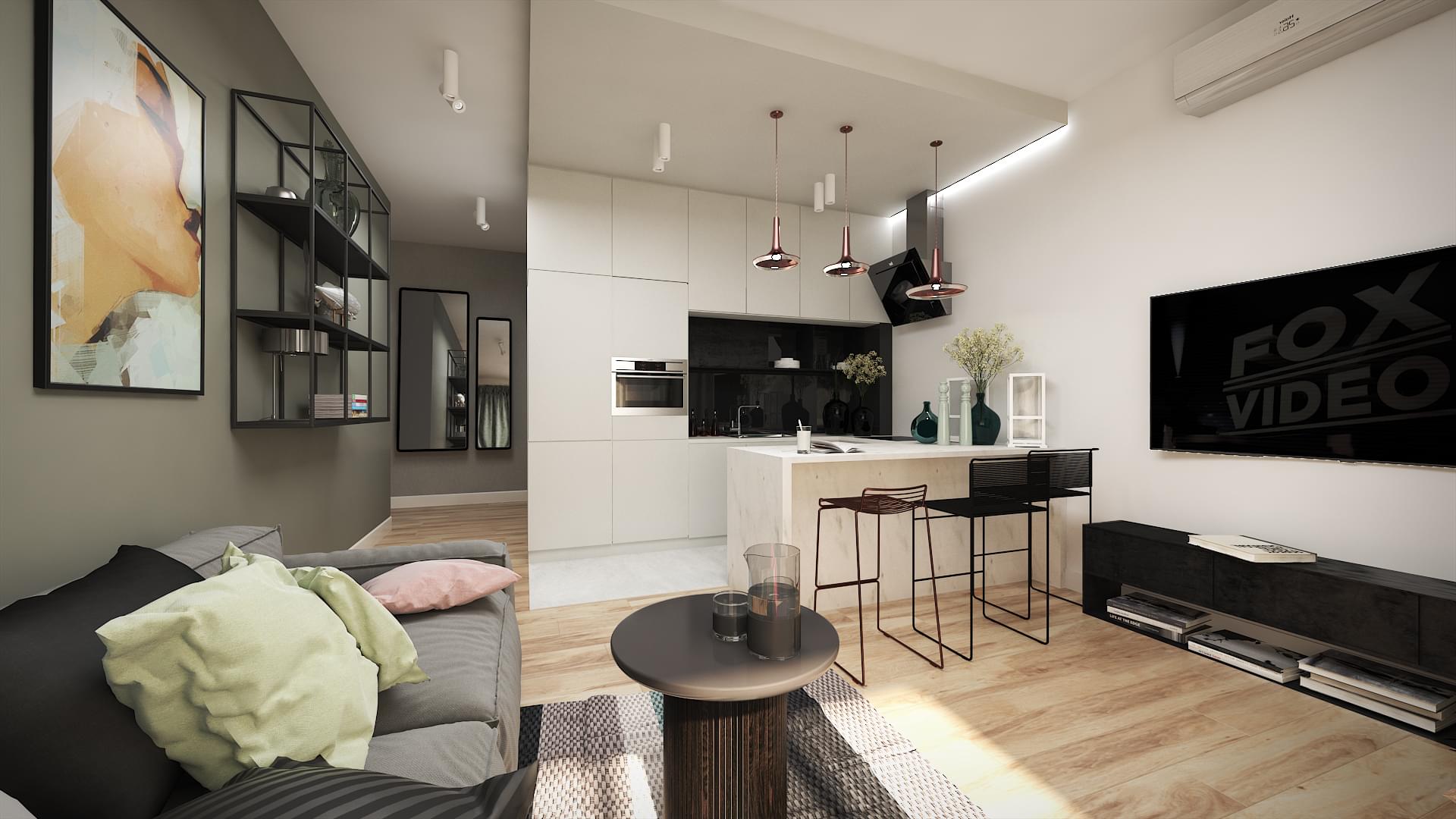 Projekt graficzny mieszkania w wersji 3D - salon z kuchnią